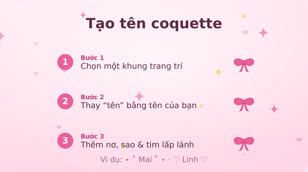 Cách tạo tên coquette 3 bước với nơ và sao