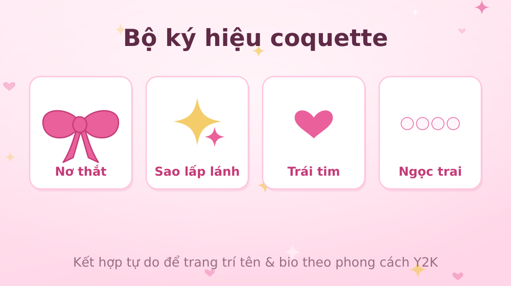 Bộ ký hiệu coquette: nơ, sao lấp lánh, trái tim, ngọc trai
