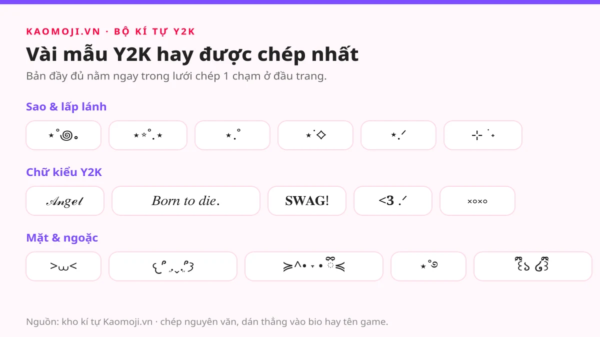 Bảng các mẫu kí tự Y2K hay dùng: sao lấp lánh, chữ kiểu Y2K, mặt và ngoặc