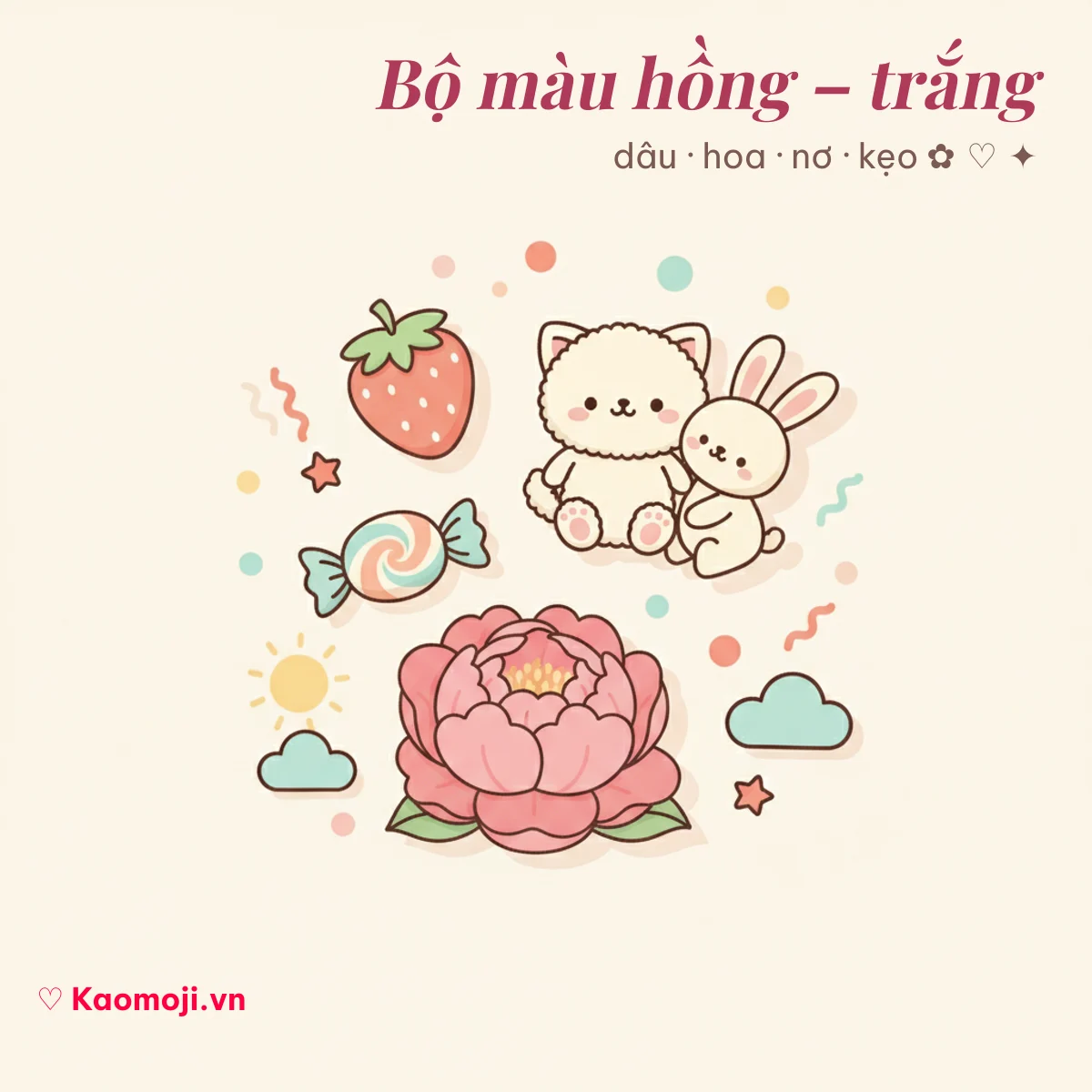 Bộ màu hồng trắng cho kí tự My Melody: dâu, hoa, nơ, kẹo