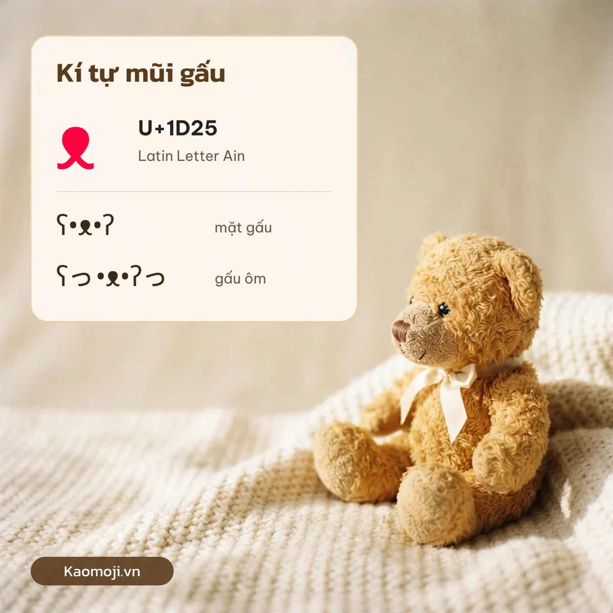 Kí tự mũi gấu ᴥ U+1D25 và kaomoji gấu ôm ʕっ•ᴥ•ʔっ trên nền gấu bông