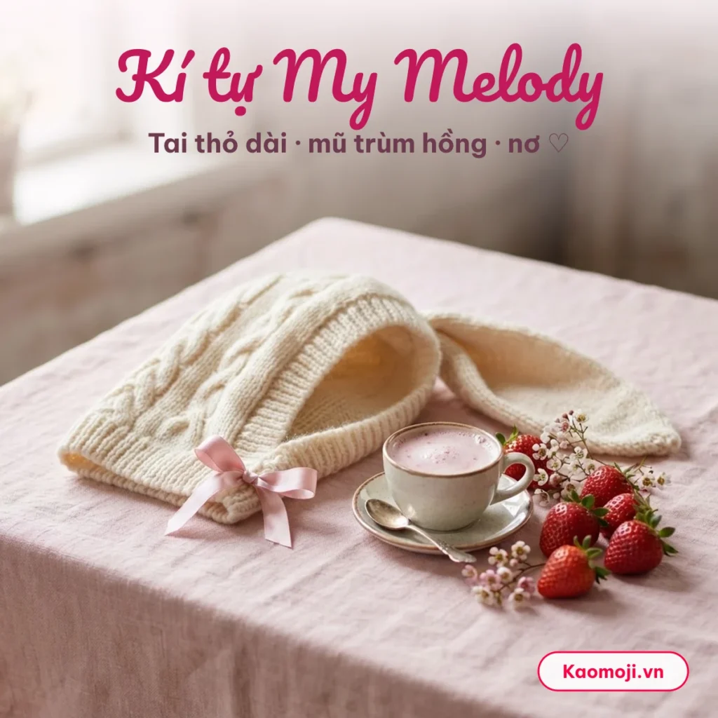 Kí tự My Melody: tai thỏ dài, mũ trùm hồng và nơ